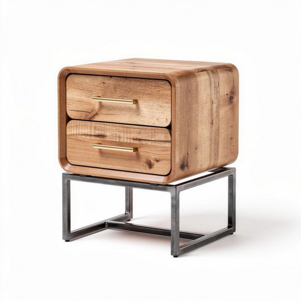 Table de chevet en bois naturel avec deux tiroirs et base en métal 50 x 50 x 60cm