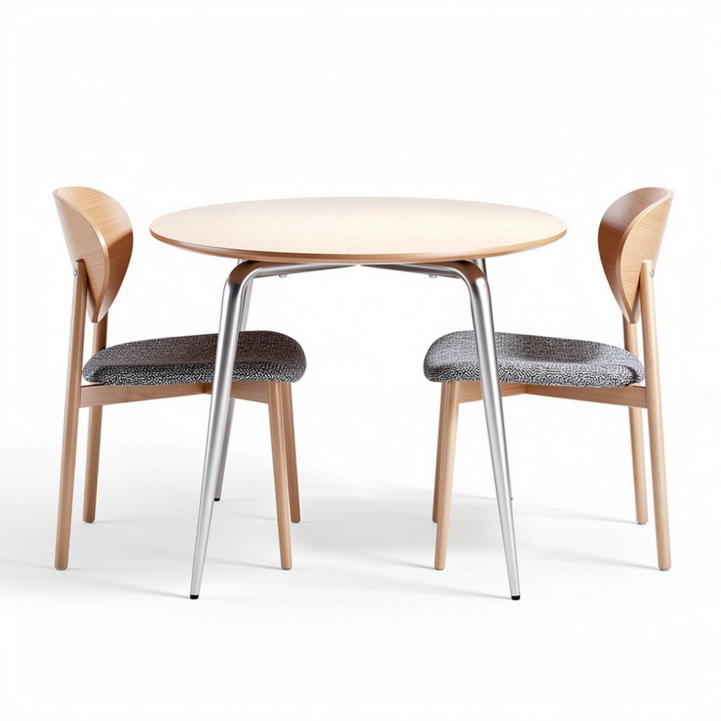 Table ronde en bois de 90 cm avec chaises en tissu gris et pieds métalliques