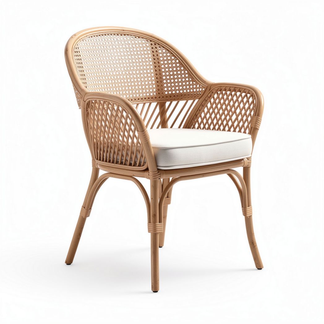 Chaise en rotin tressé avec coussin blanc pour salon intérieur ou extérieur 75 x 65 x 85cm