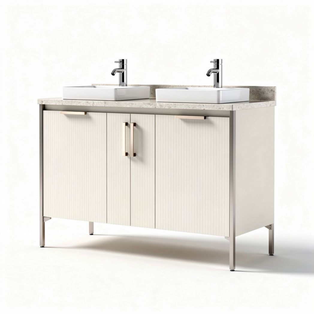 Meuble de salle de bain double vasque en bois et marbre 100 x 45 x 80 cm beige