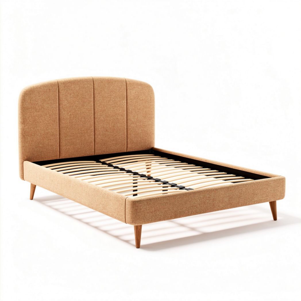 Lit en tissu beige avec sommier à lattes 204 x 160 x 100cm
