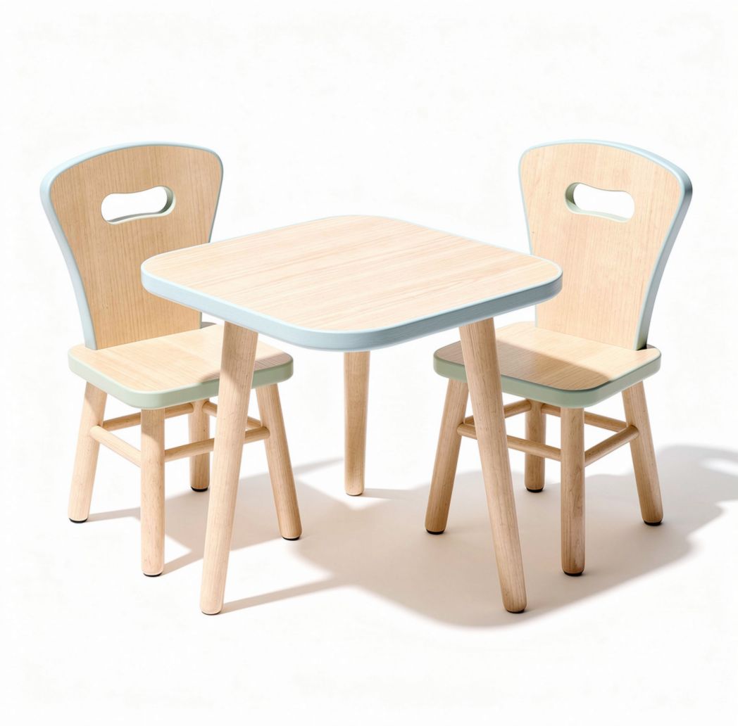 Table et chaises en bois pour enfants couleur naturelle et bleu clair 60 x 60 x 50cm