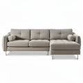 Canapé d'angle en tissu beige avec dimensions 220 x 85 x 90cm et accoudoirs moelleux