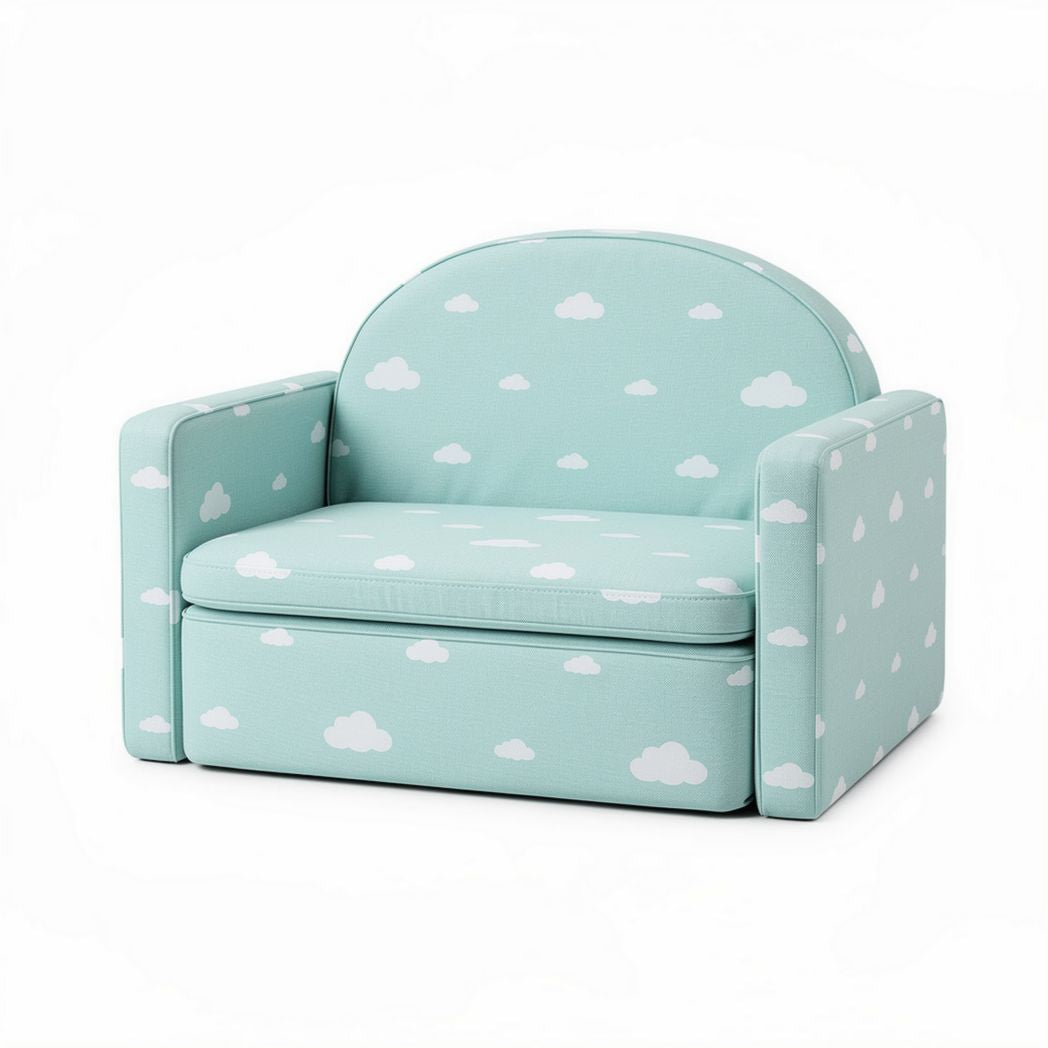 Canapé enfant convertible bleu ciel avec motifs nuages dimensions 60 x 70 x 50cm